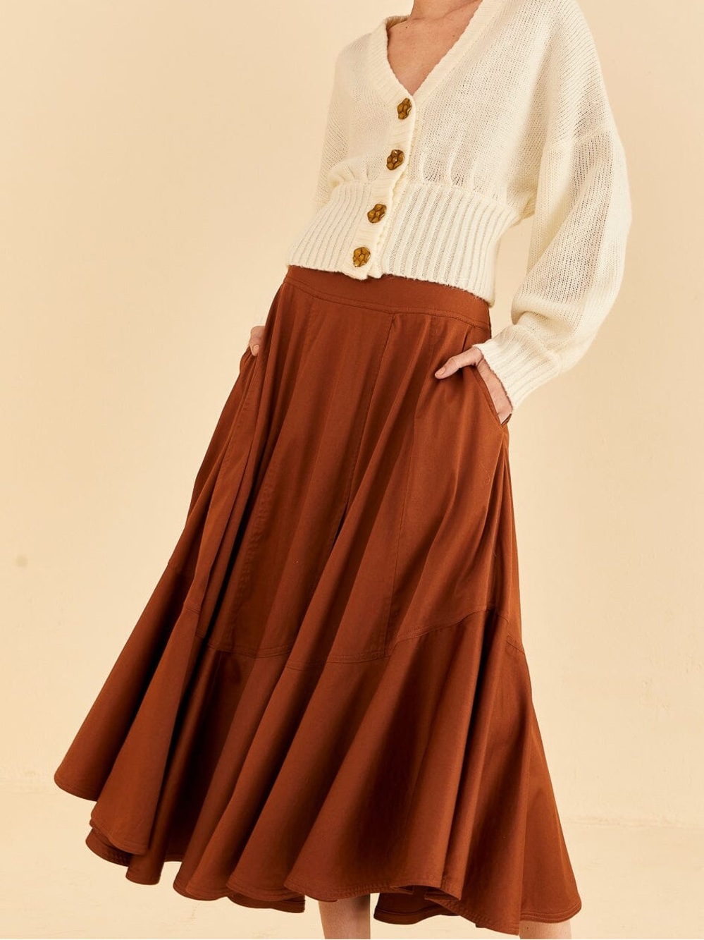 FARM Rio Caramel Ruffle Maxi Skirt Women’s Size Large Brown Cotton Anthropologie